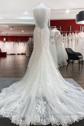 Elegant White Long Mermaid Tulle Lace Open Back Wedding Dress